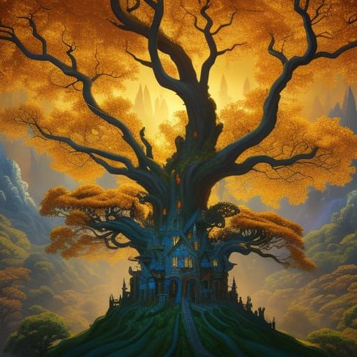 Mystical Tree Building in Golden Light