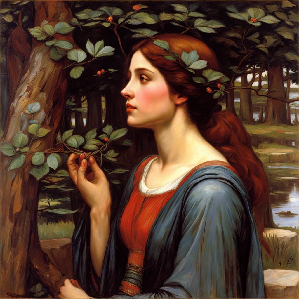 Contemplative Woman and Tree, in Pre-Raphaelite Style