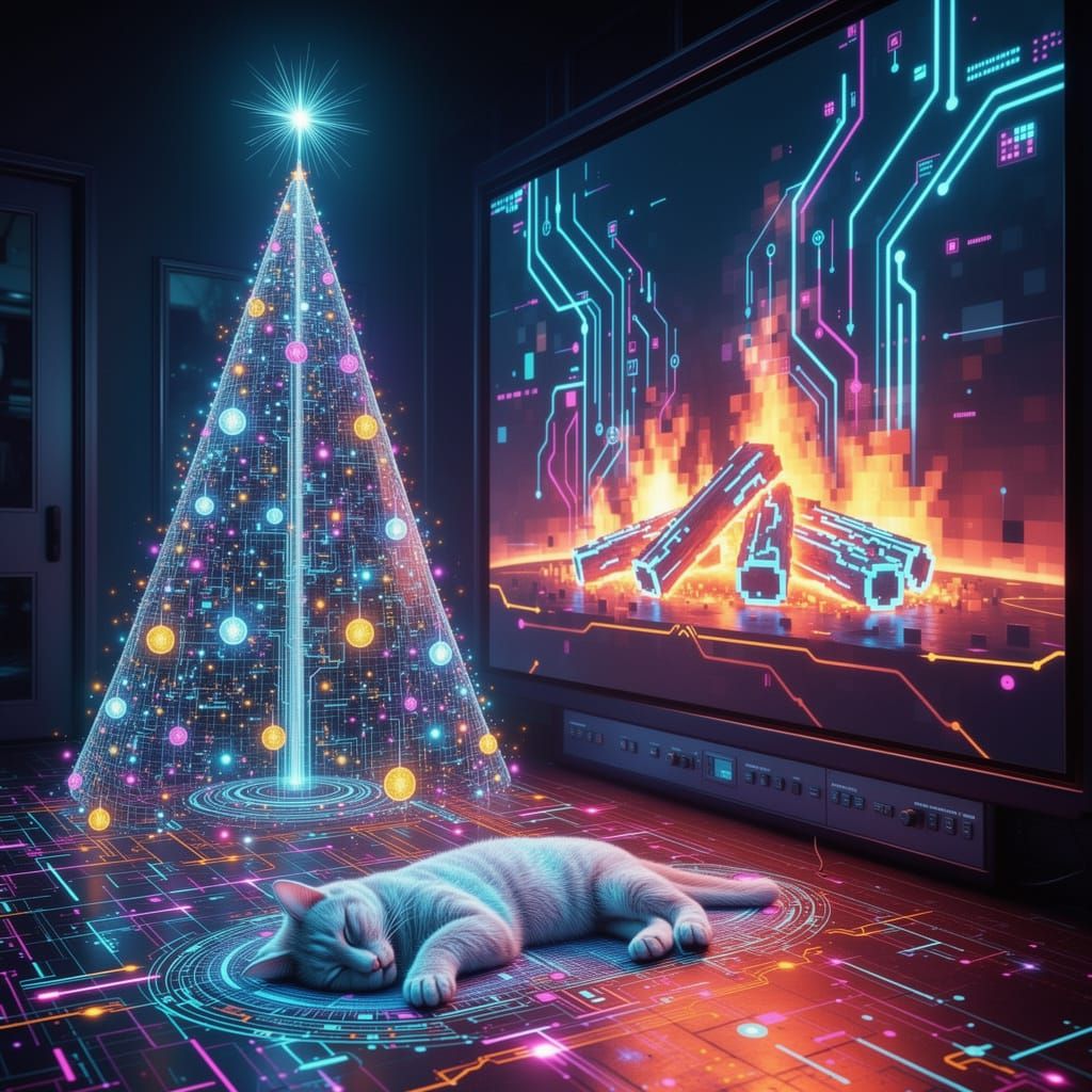 Futuristic Cyber Christmas Digital Tree with Holographic Cat