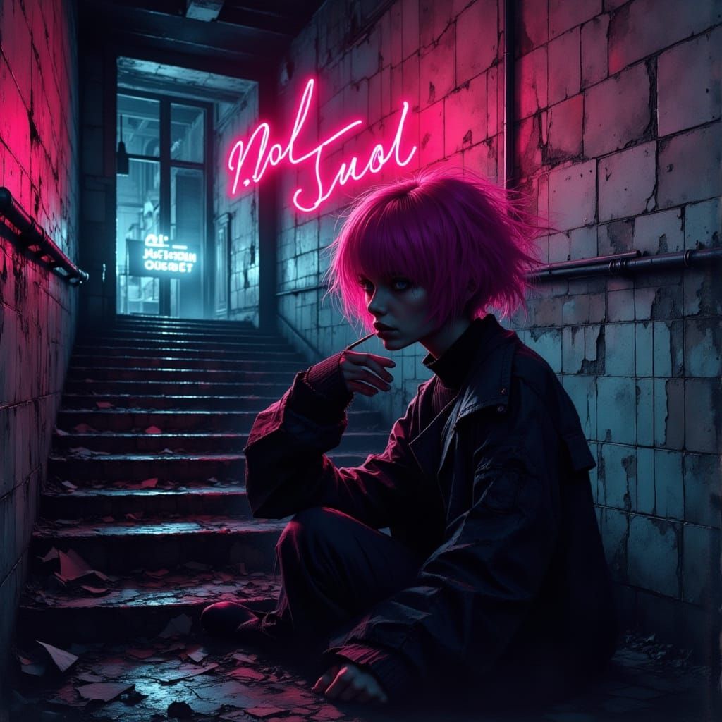 Pink Haired Person Shaking Head in Cyberpunk Scene