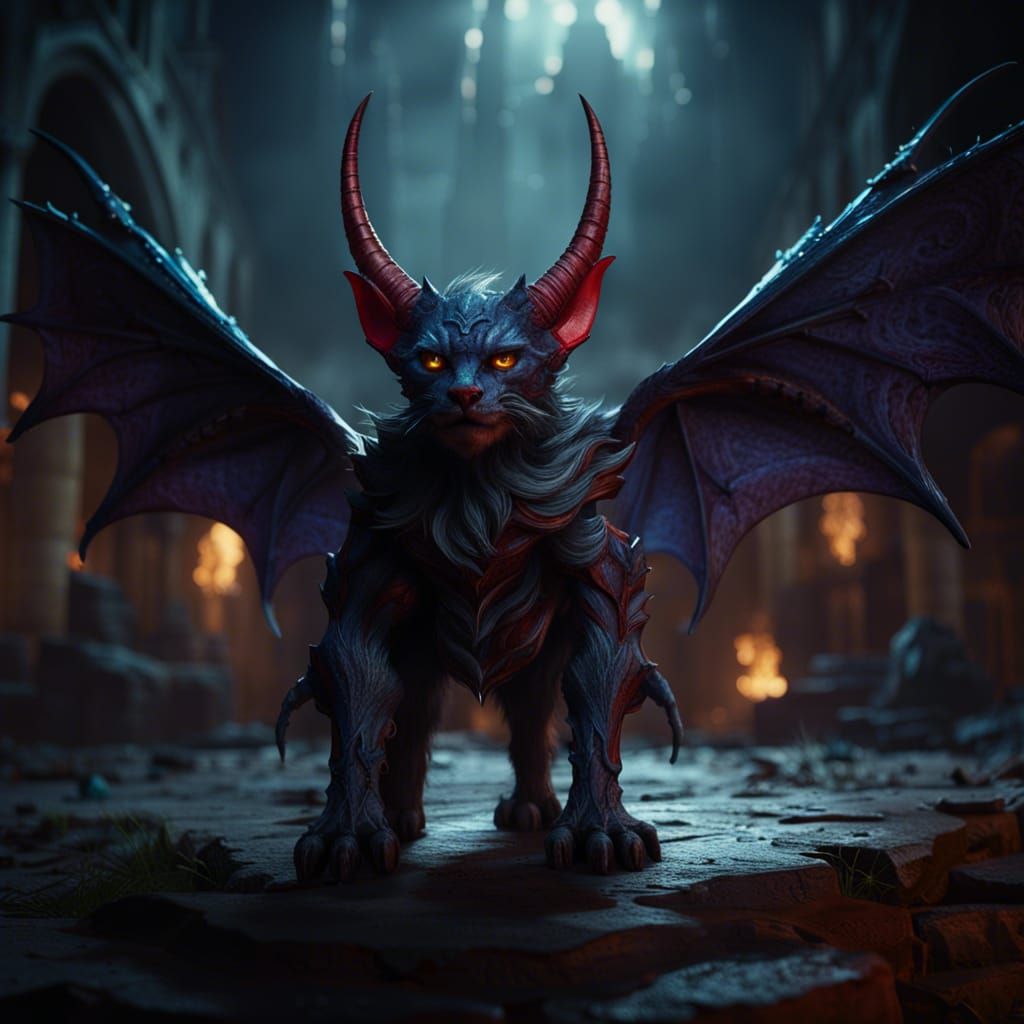 Devil Cat with Horns and Wings