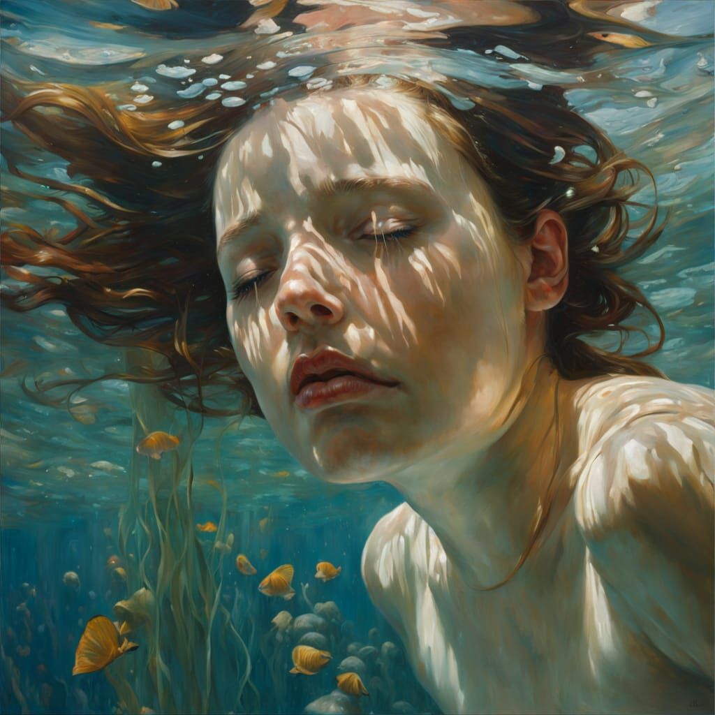 Surreal Underwater Bathtub Scene with Rebirth Stillness