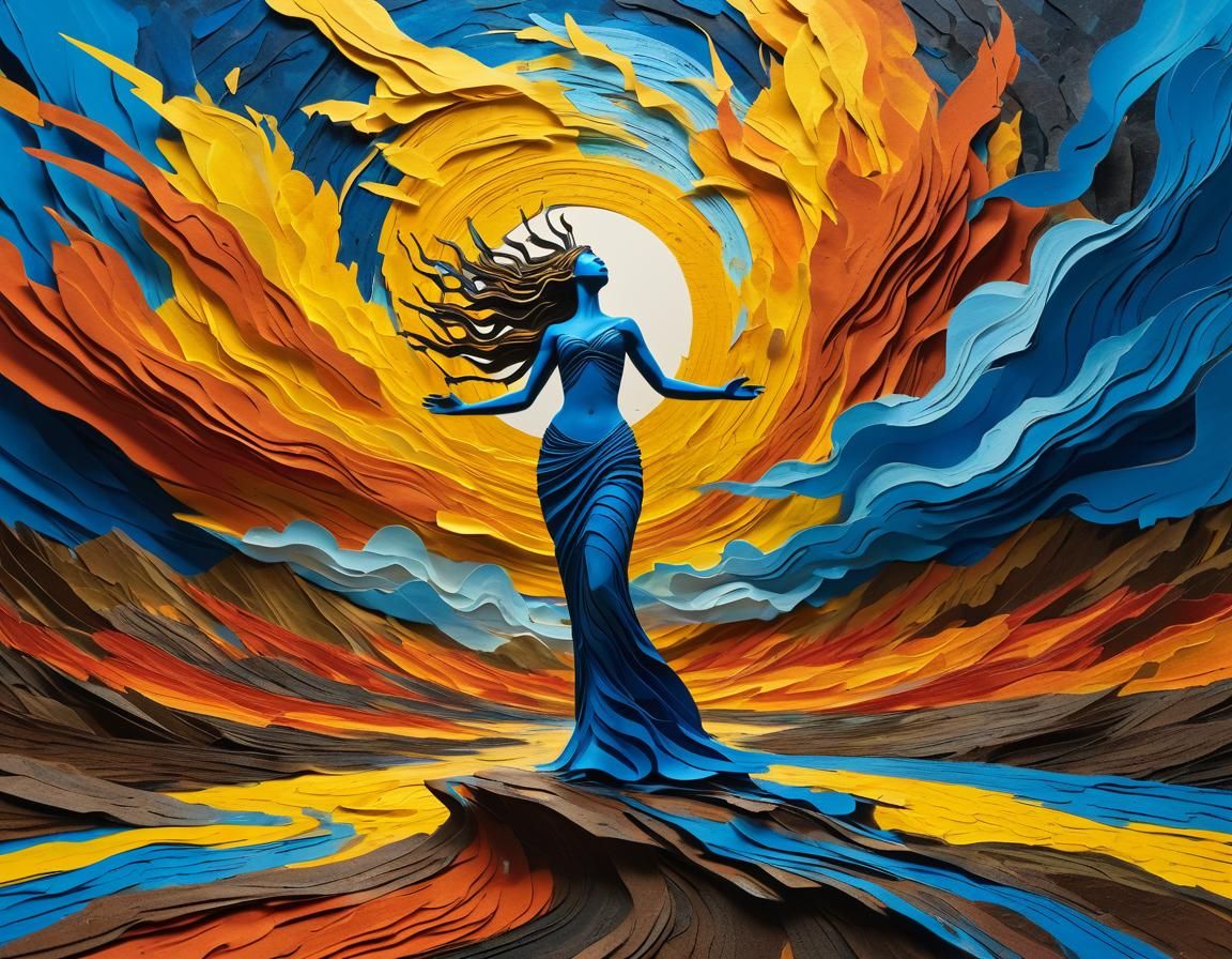 Earth Goddess in Stormy Landscape, as Mixed Media Collage