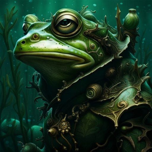 Underwater Green Frog Knight in Dark Fantasy Style