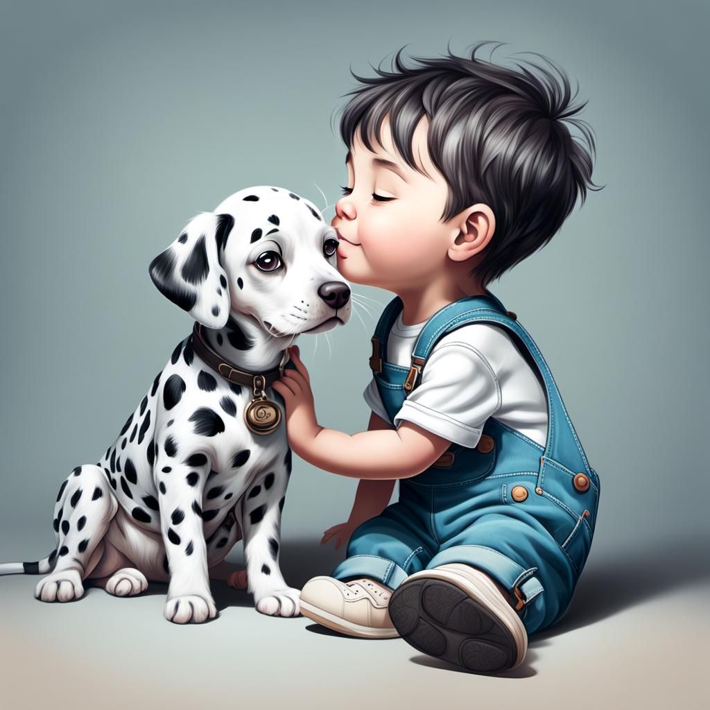 Toddler and Dalmatian Puppy Caricature in Happycore Style