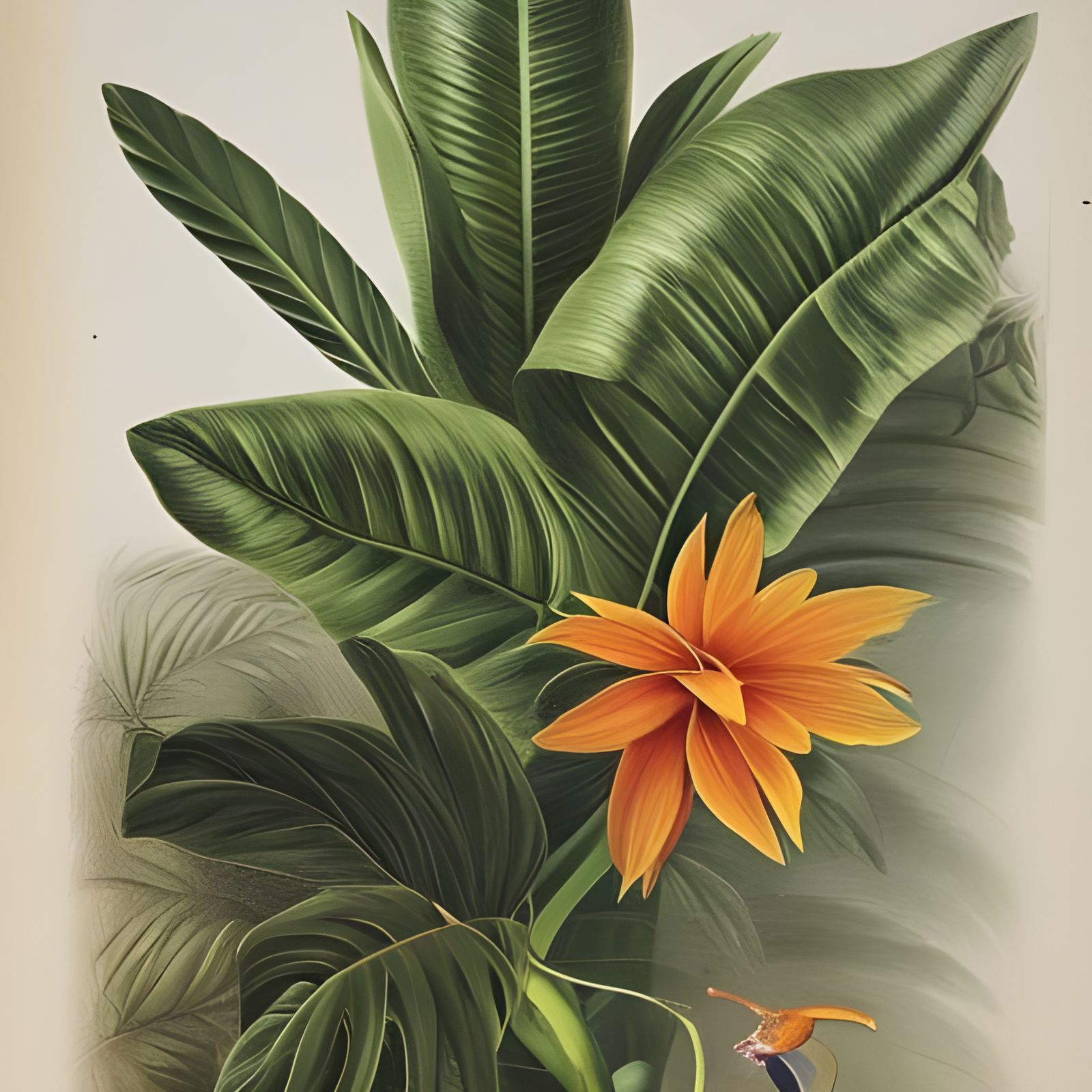 Botanical Illustration of Tropical Plants and Exotic Flowers