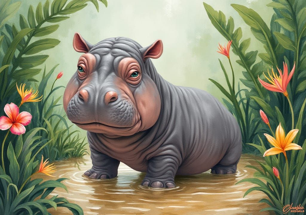 Bald Hippo in Lush Botanical Setting