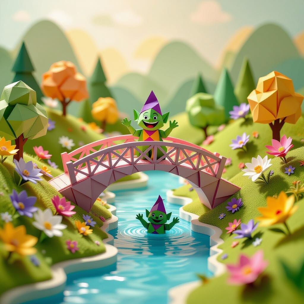 Origami Fantasy Storybook Scene with Arched Bridge