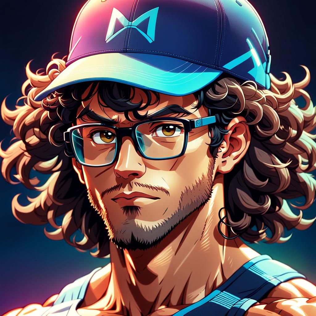 Muscular Anime Hero with Curly Hair and Square Glasses