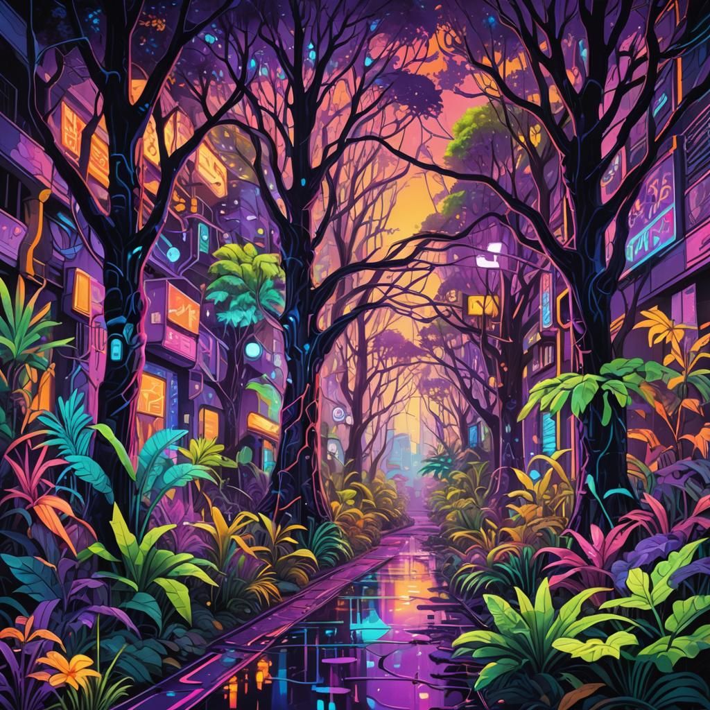 Neon Jungle in Futuristic Cityscape: Vibrant Street Art