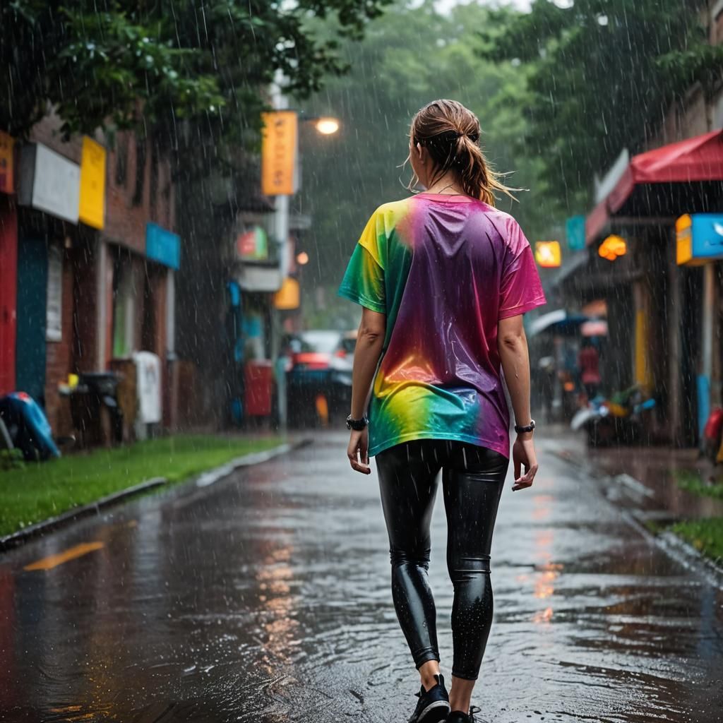 Girl in Wet Clothes Walking in Rain: Realistic Photo