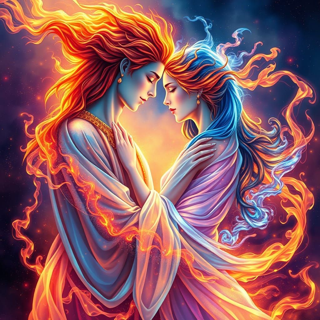 Divine Gods of Fire and Water in Spiritual Embrace