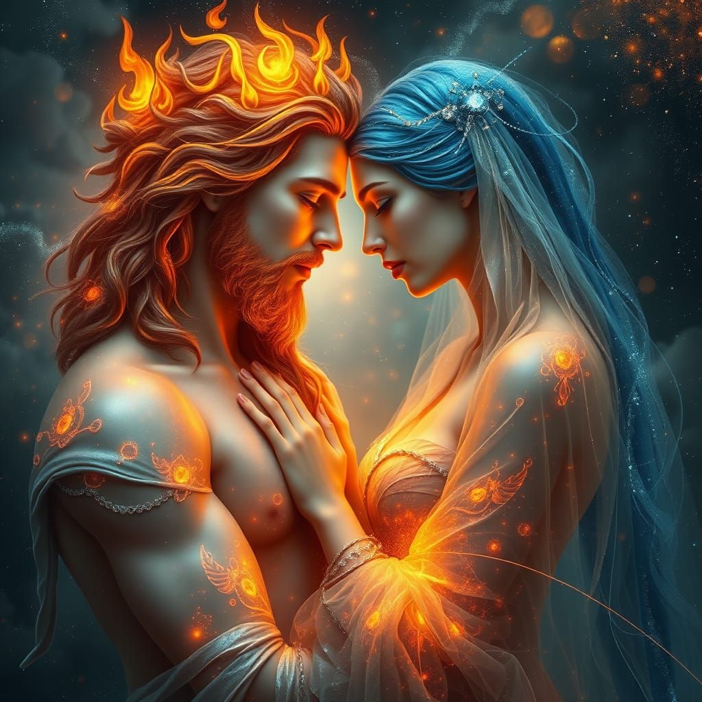 Divine Beings of Fire and Water Unite in Cosmic Embrace