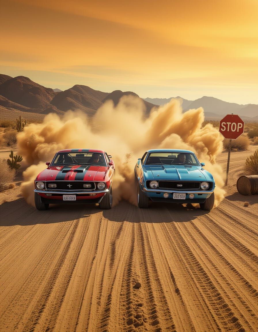 Classic Muscle Cars Race Through Desert Landscape