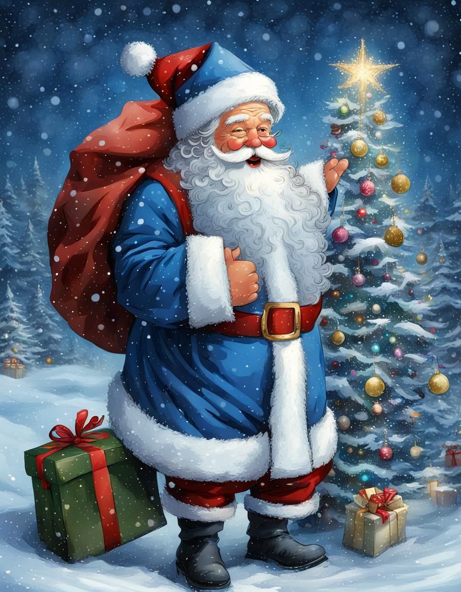 Santa Claus in Blue Suit with Christmas Tree