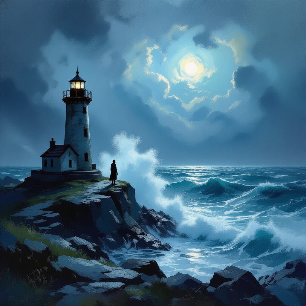Lighthouse Keeper Gazing at Starry Ocean, Painterly Style