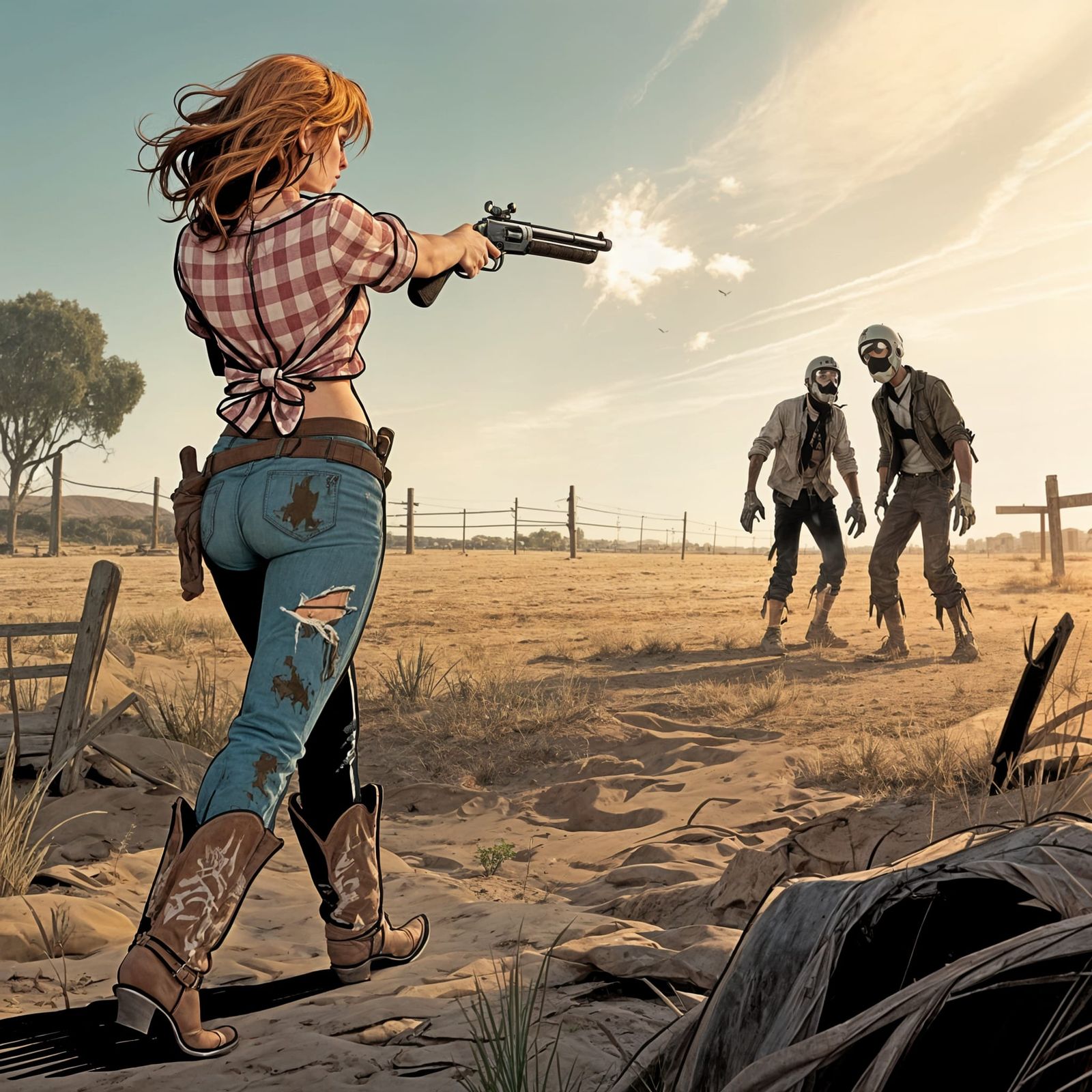 Female Survivor Fights Zombies Near Brahmins in Comic Style