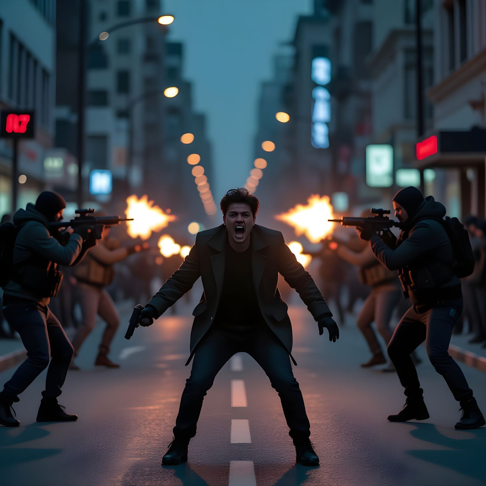 Cinematic Scene: Scared Person Amidst Gunfire