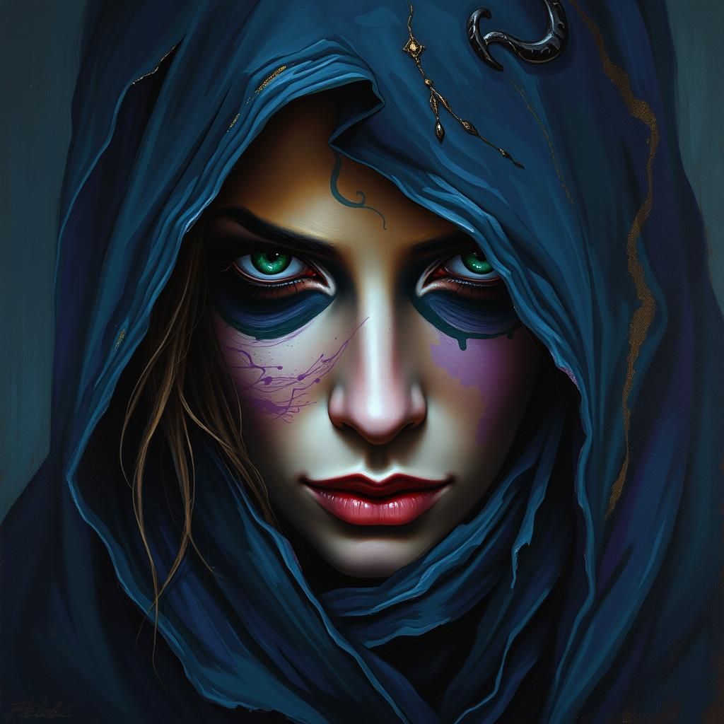 Mysterious Emerald-Eyed Sorceress in Oil Painting Style