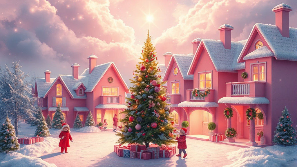 Festive Pink Village Scene with Christmas Tree