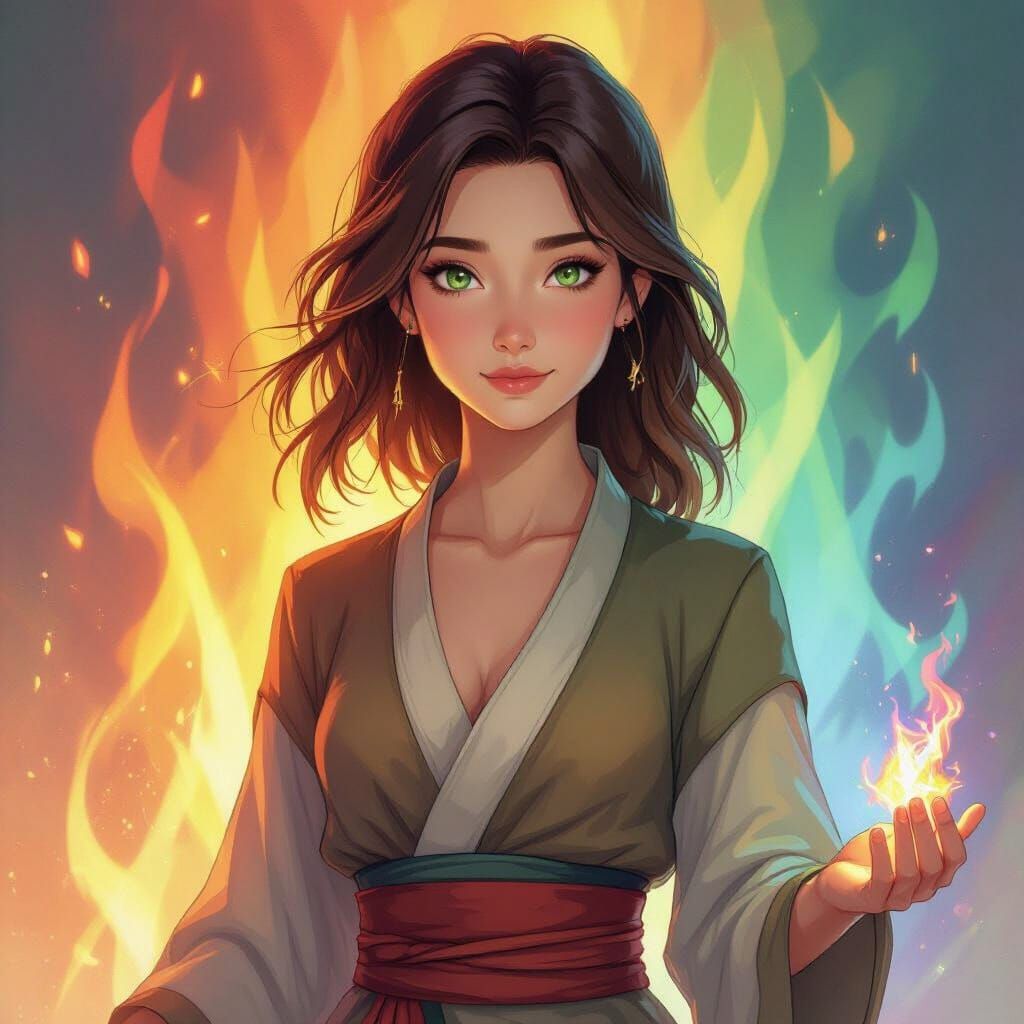 Firebender Girl in Rainbow Flames: Digital Painting