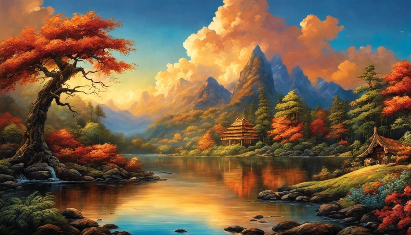 Tropical Island Dawn: Gouache Digital Painting