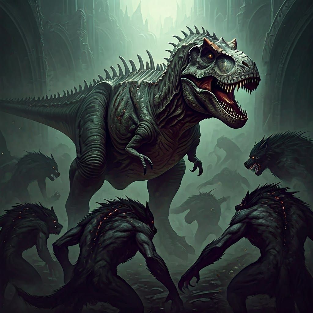 Tyrannosaurus Rex vs Werewolves in Fantasy Realm