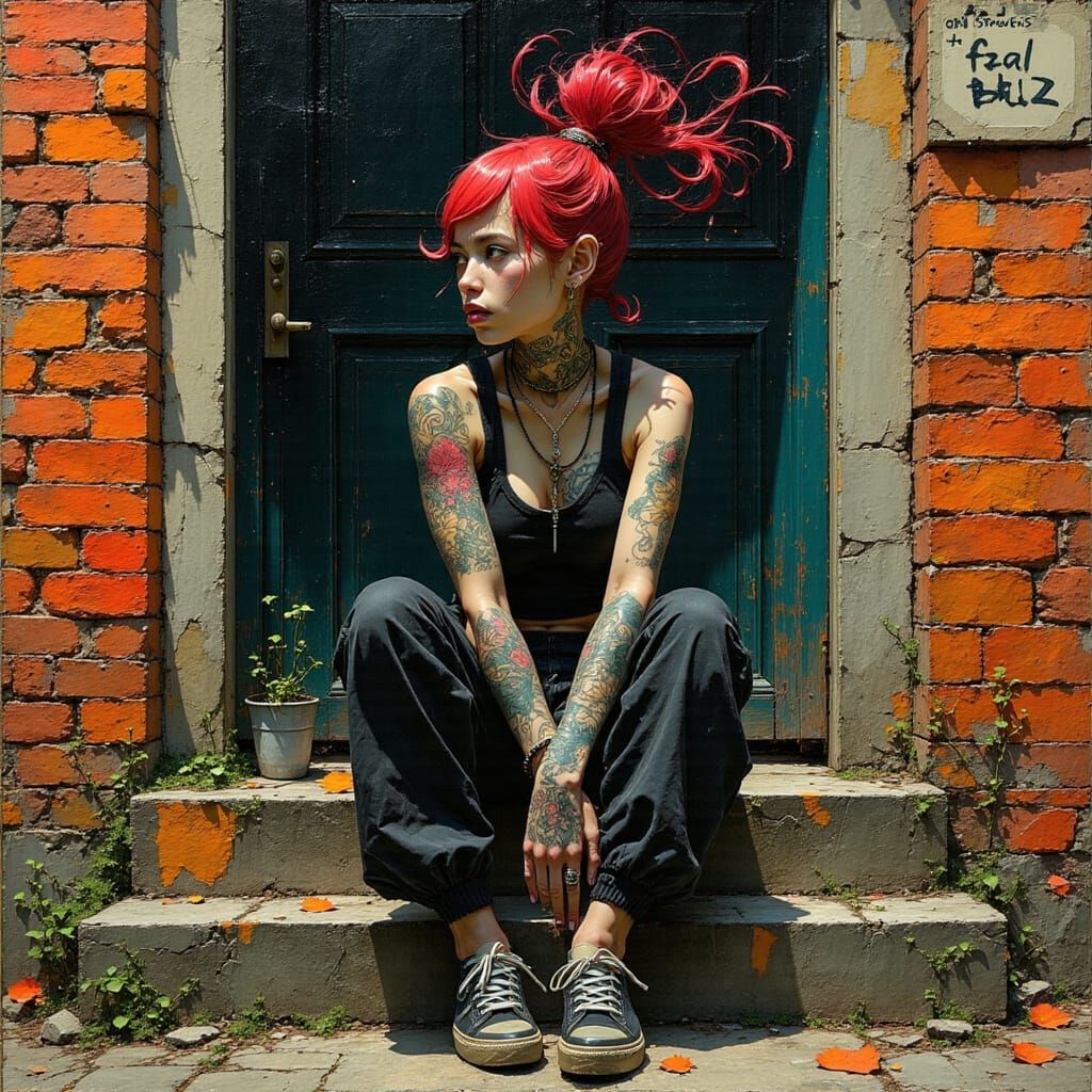 Urban Girl with Tattoo Calligraphy in Abstract Style