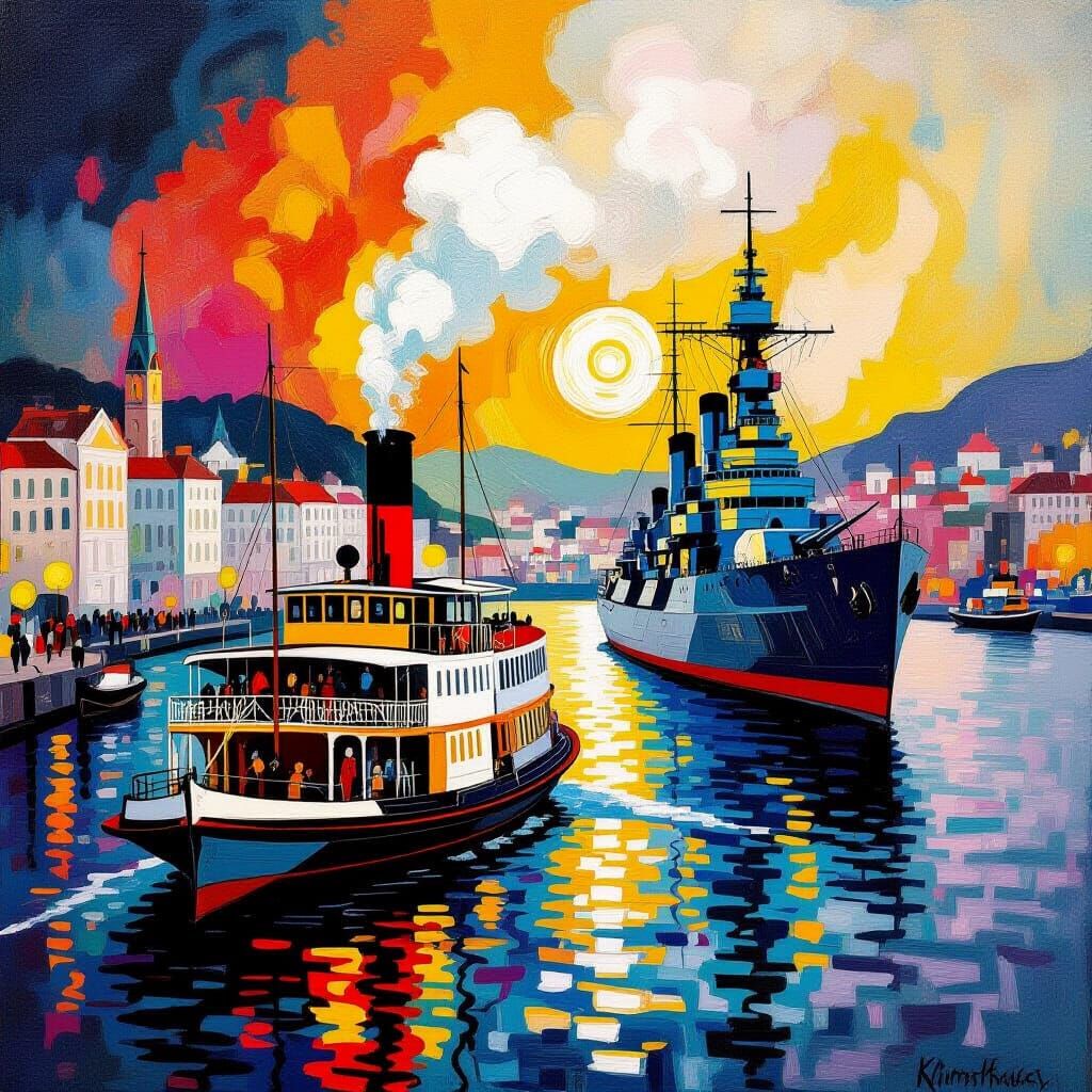 Vibrant Expressionist Steamboat and Battleship in Harbour