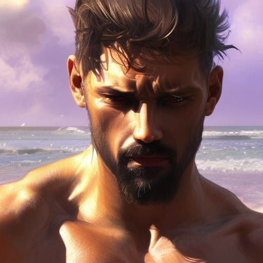 Detailed Portrait of Muscular Man on Beach