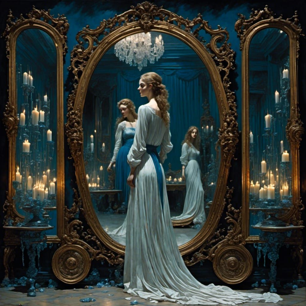 Sleepwalking Woman and Her Reflection in a Mirror