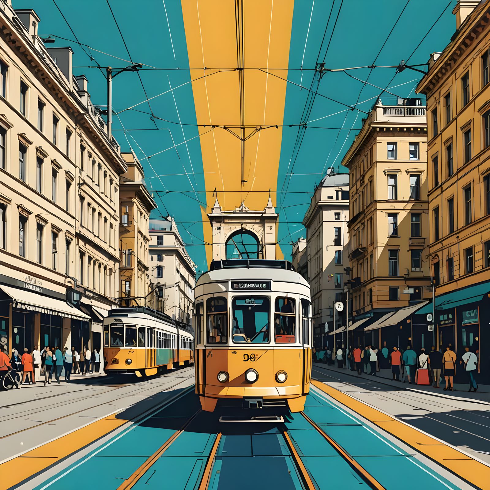 Vintage Budapest Trams in Bright, Flat Illustration