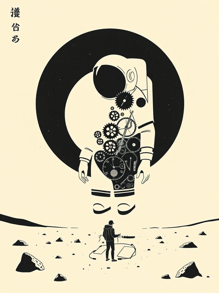Clockwork Astronaut Silhouette in Lunar Wasteland