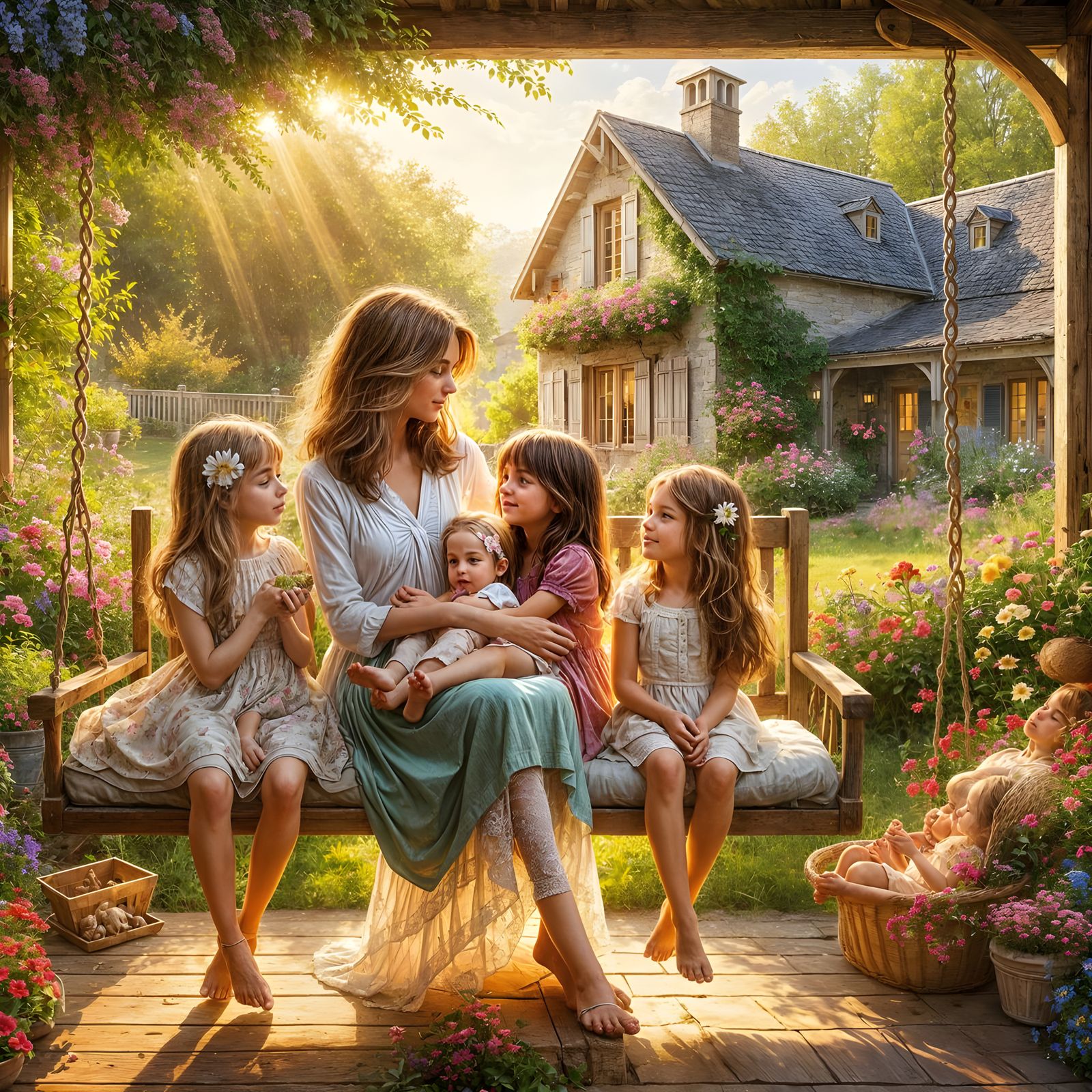 Mother and Daughters on a Summer Swing