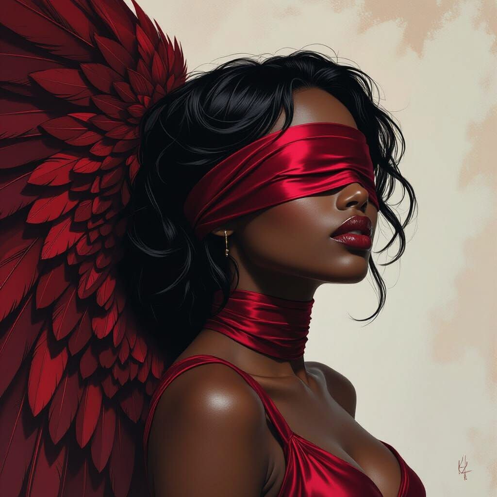 Blindfolded Angel with Crimson Wings as Digital Painting