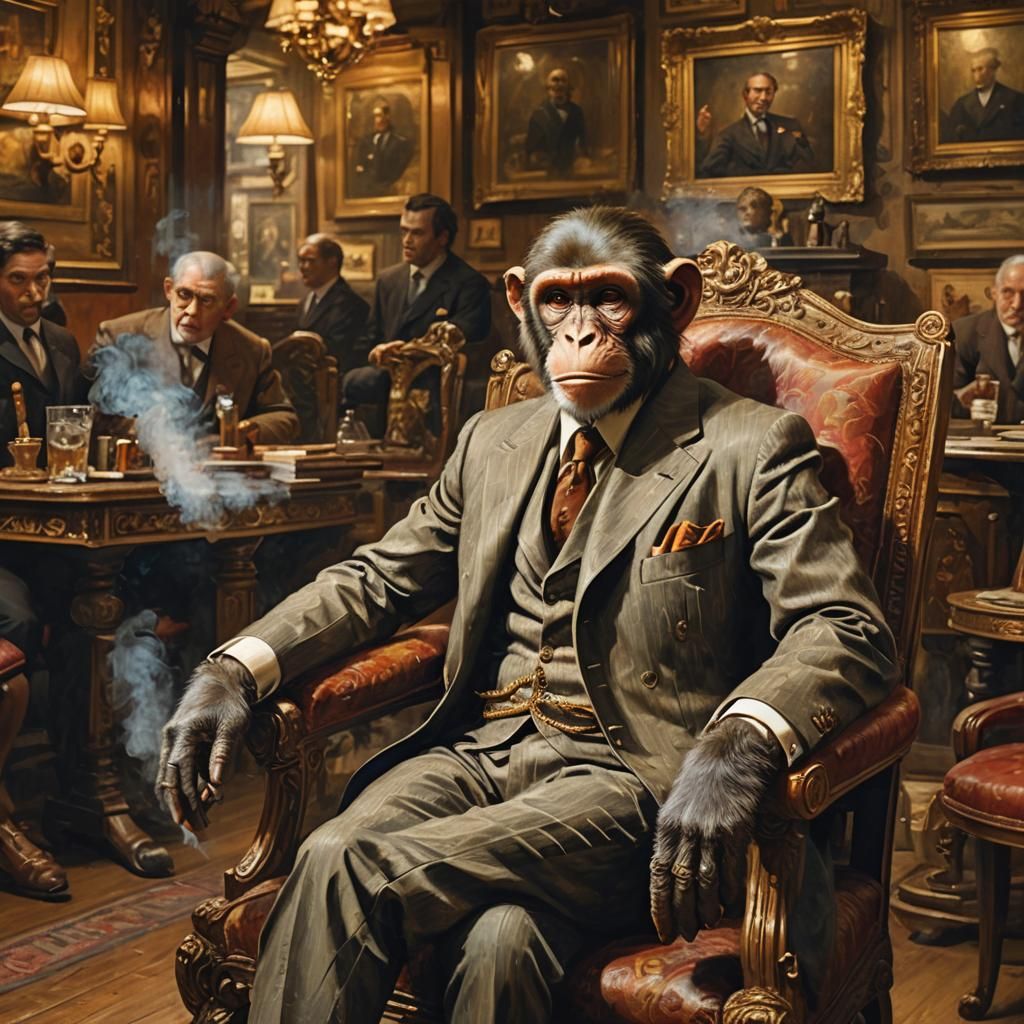 Monkey Smoking Cigar in Antique Store, Impressionist Oil Pai...