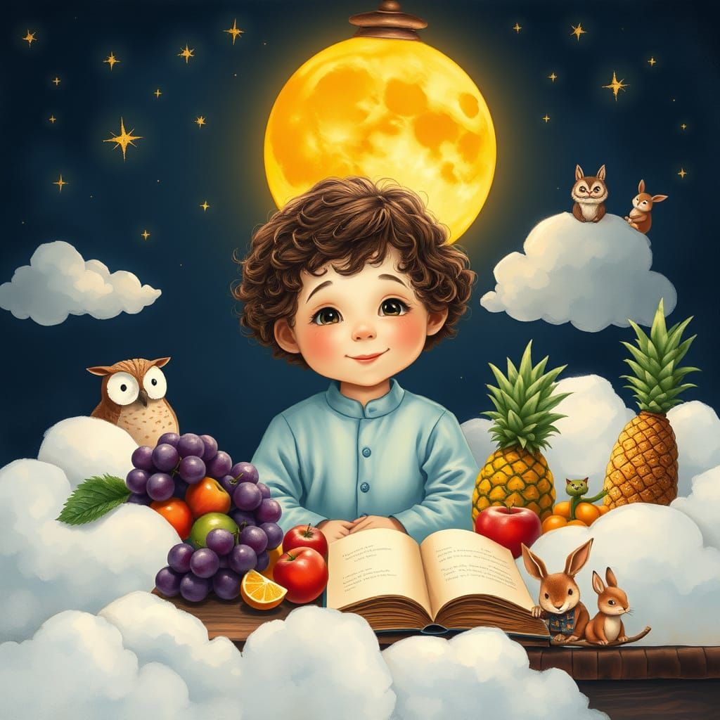 Whimsical Child's Nighttime Wonderland in Soft Watercolor