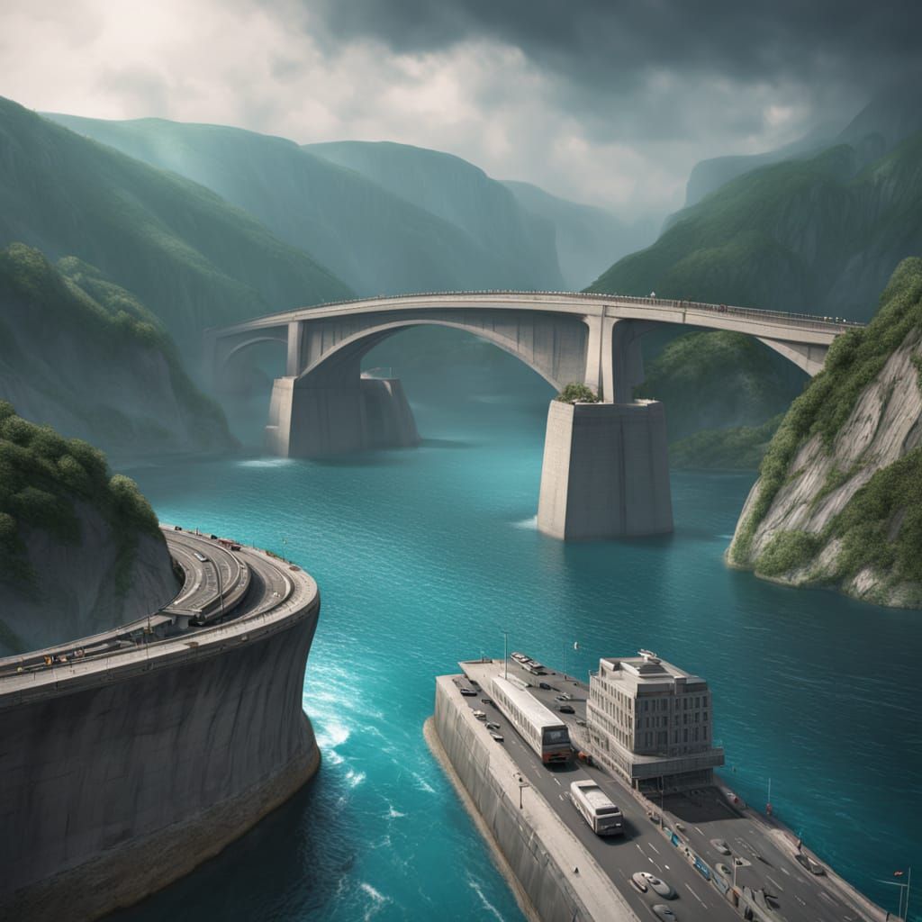 Vibrant Oil Painting of the Three Gorges Dam in Smoky Mist