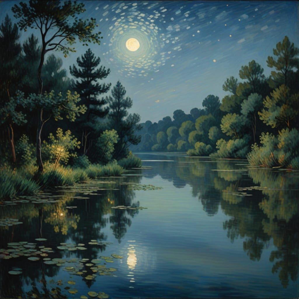 Impressionist Moonlit Lake Reflection in Dreamy Landscape