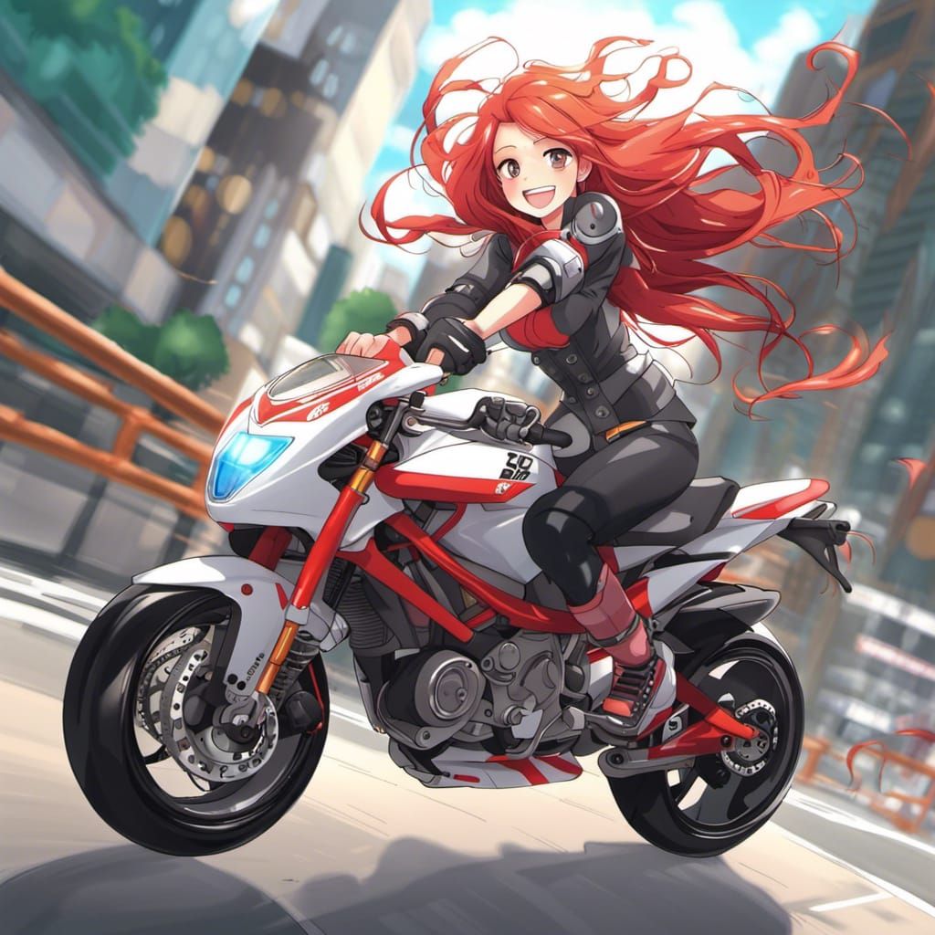 Red-Haired Girl's Anime Superbike Wheelie