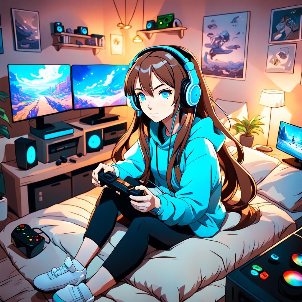Anime Gamer Girl in Cozy Room, Cel-Shaded Style