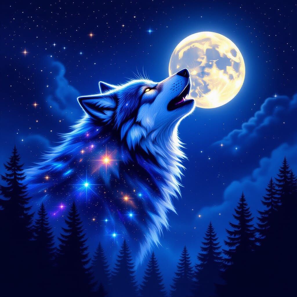 Cosmic Wolf Howling at the Moon in Dreamlike Style