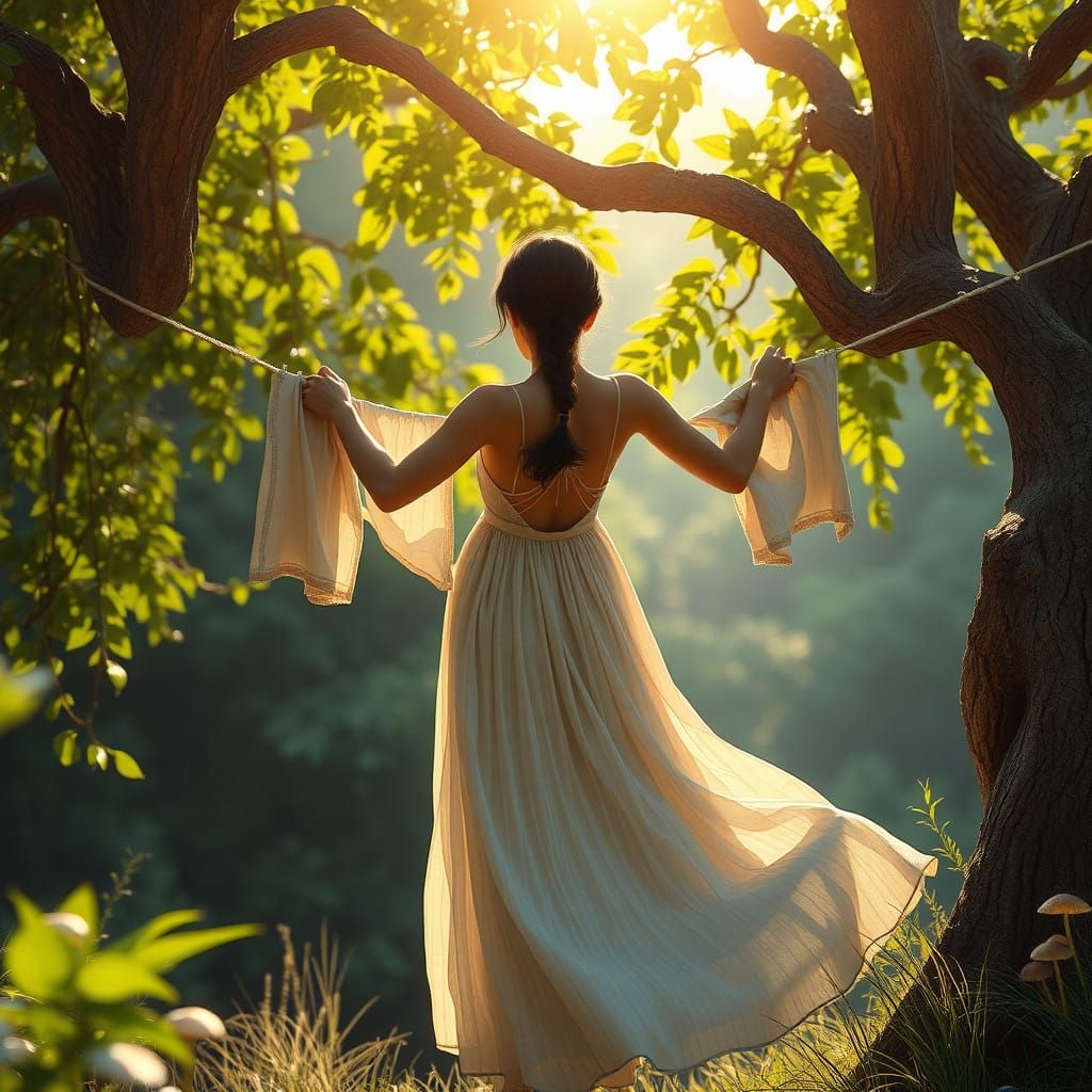 Woman Hangs Laundry in Sunlit Forest Glade