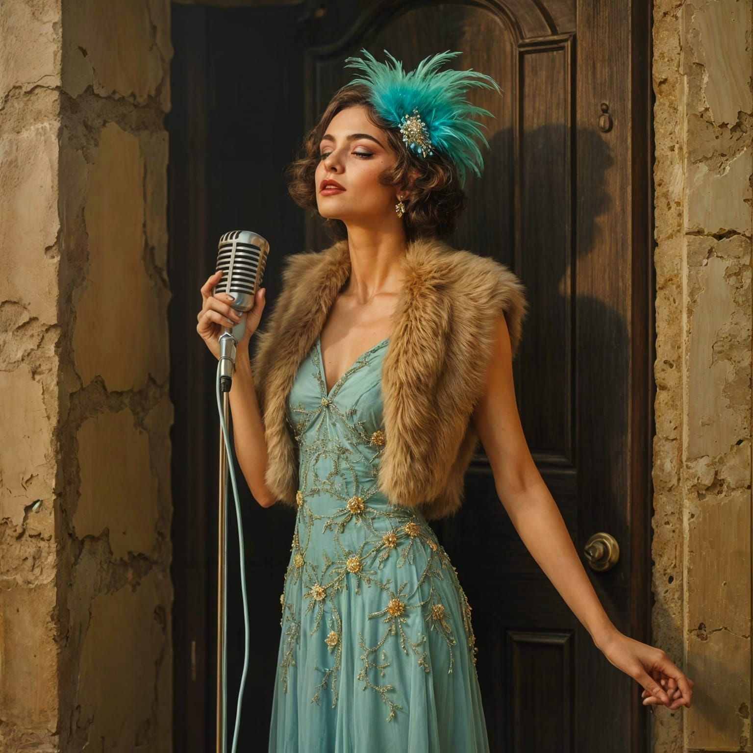 Glamorous 1920s Jazz Singer in Vintage Oil Painting