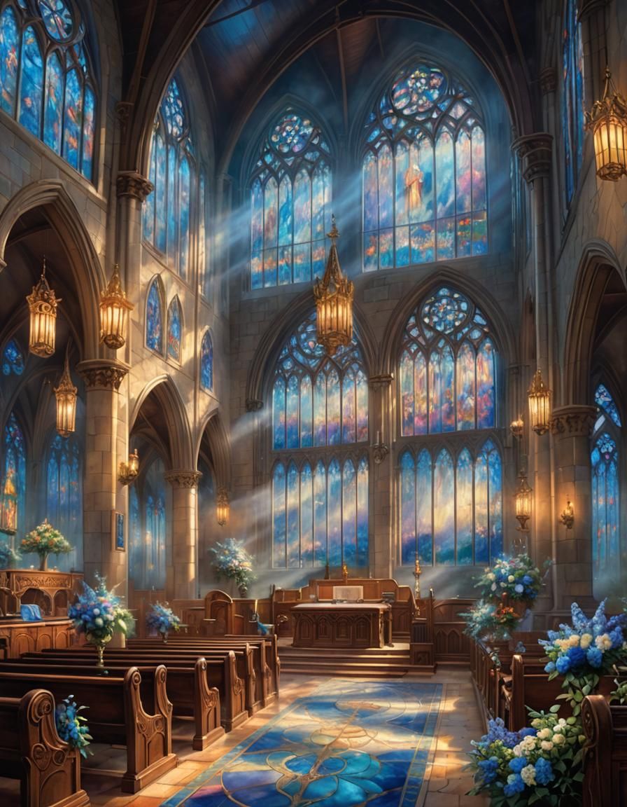 Ethereal Cathedral Interior with Stained Glass Windows