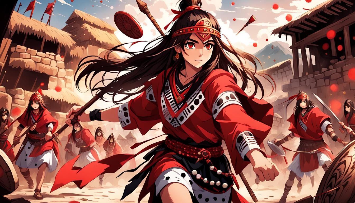 Anime Inca Warrior Girl in Village Battle