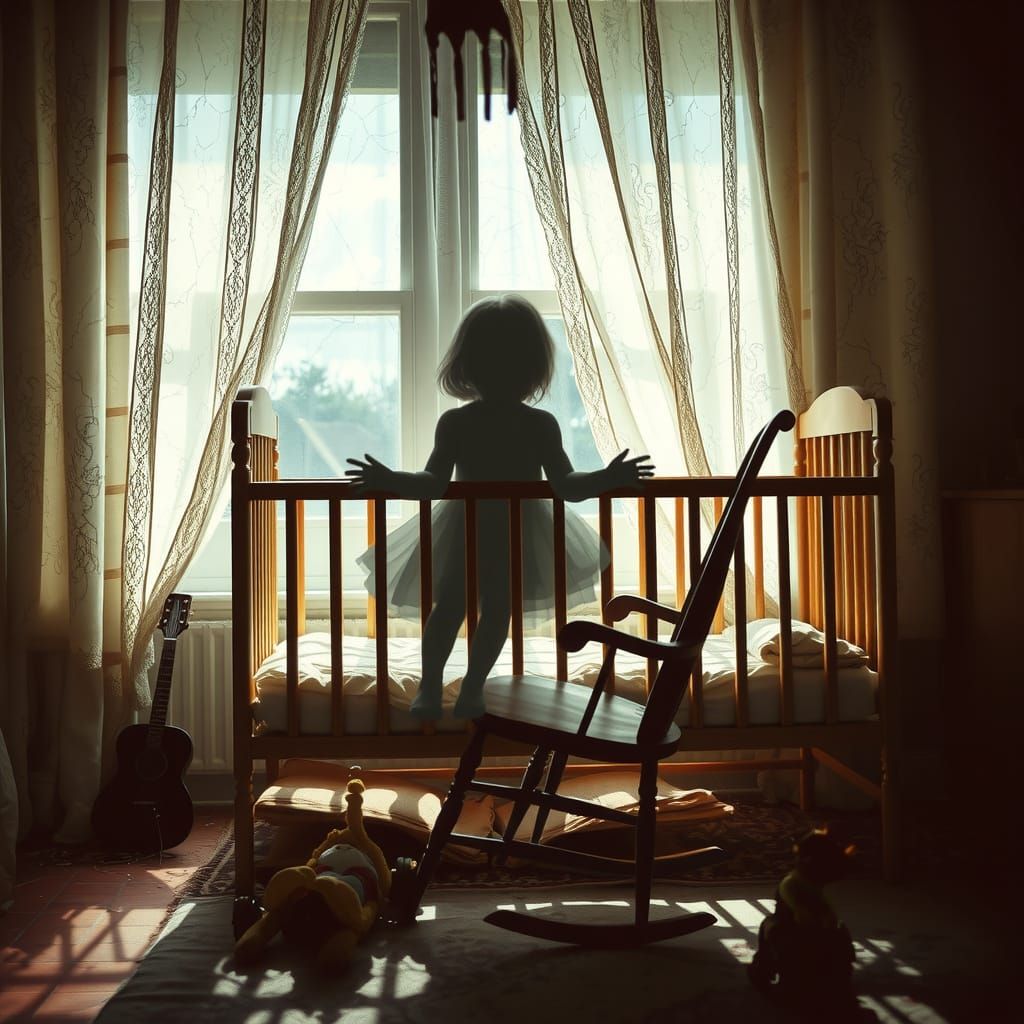 Ethereal Child Silhouette Hovers in Abandoned Nursery