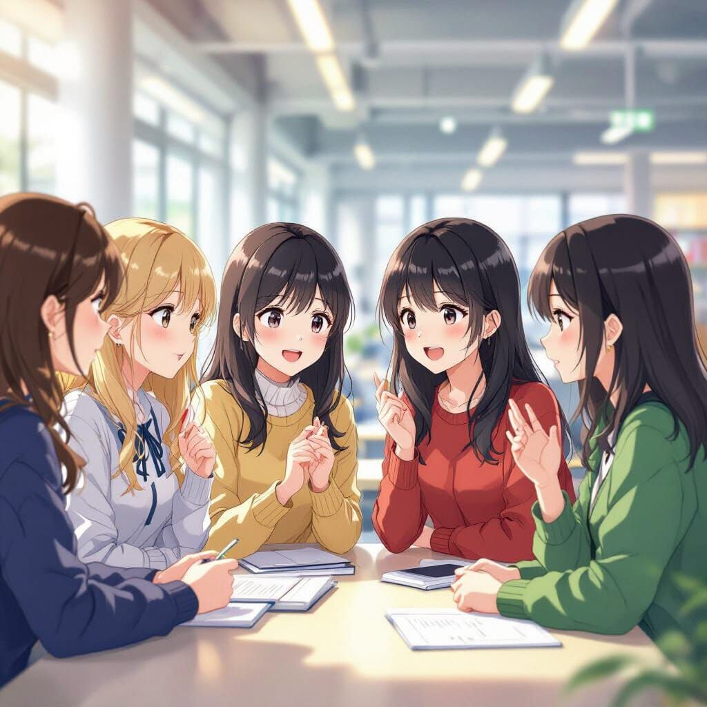 Anime Girls Chatting in a Bright University Library