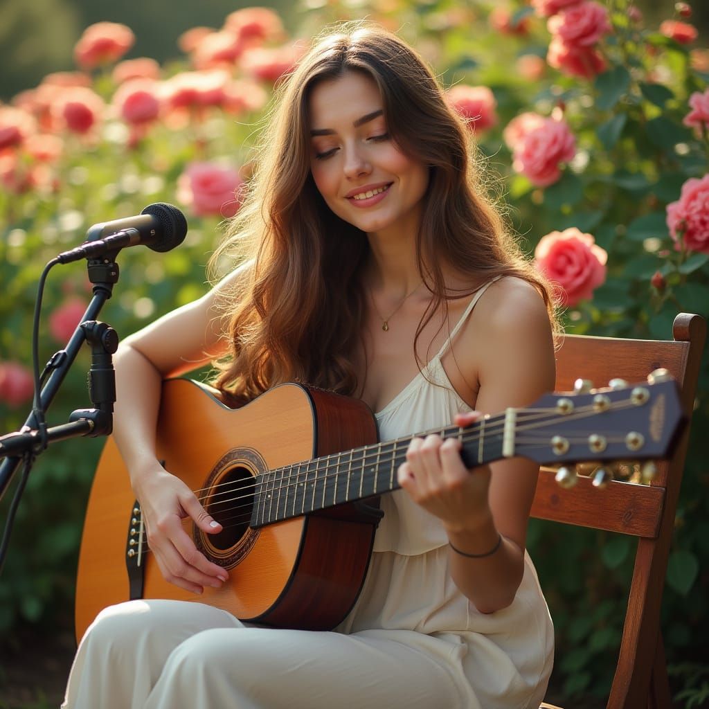 Woman Playing Guitar in Rose Garden: Impressionistic Style