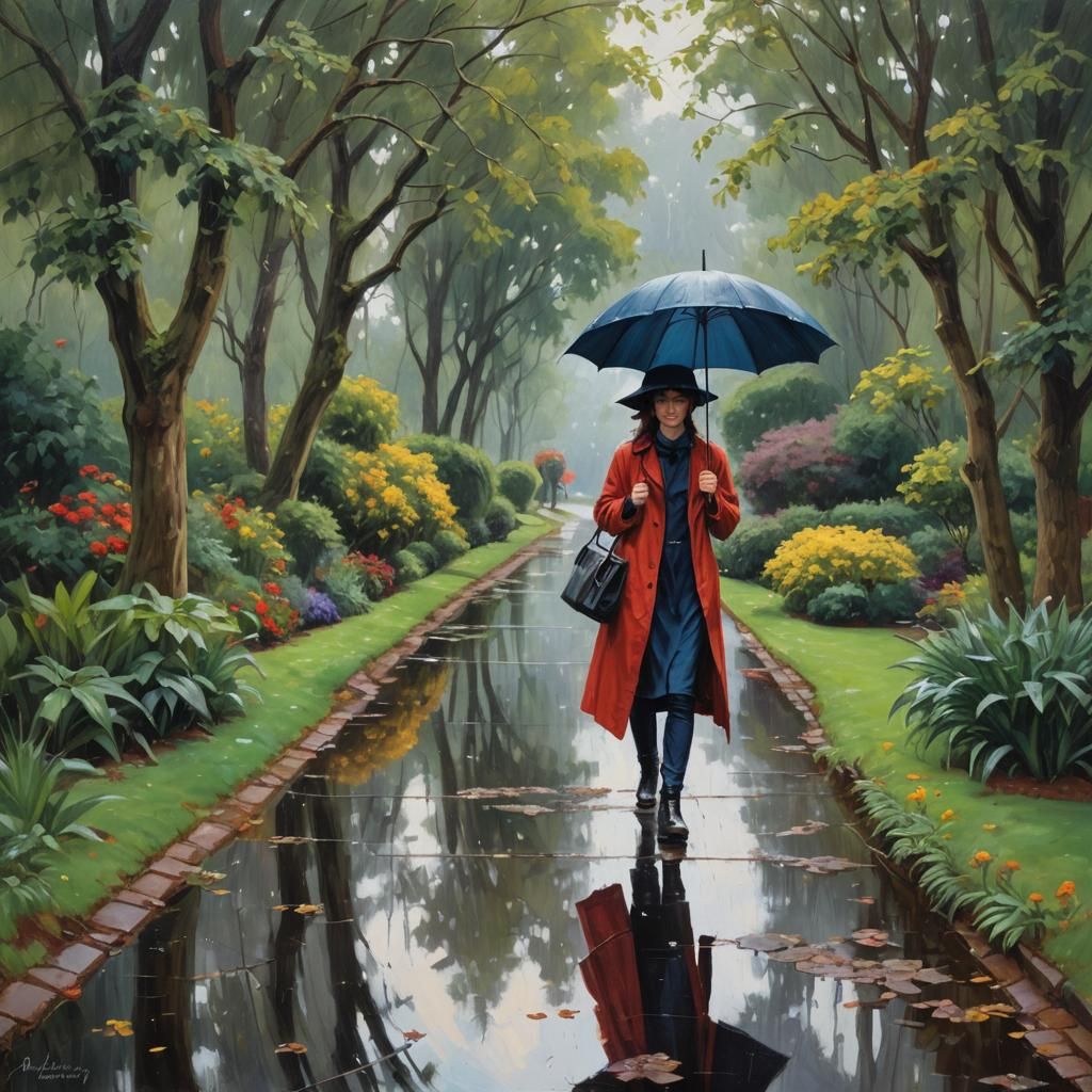 Girl with Umbrella on Rainy Path, Oil Painting